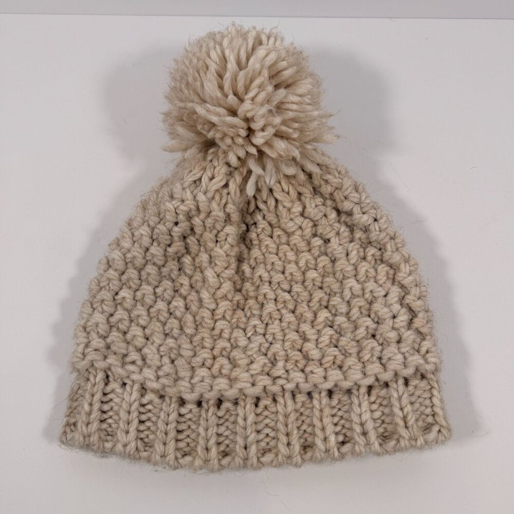 Raffaello Bettini Italy Knit Pom Pom Beanie Hat Wool Alpaca Blend Oatmeal Chunky